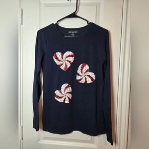 J.CREW FACTORY CREW CUTS SIZE 16 NAVY BLUE PEPERMINT CANDY HEART SEQUIN TOP